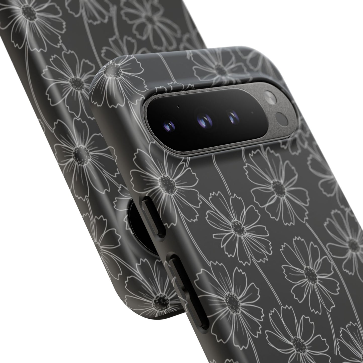 Floral Doodle Tough Phone Case — Black & Gray Daisy Pattern