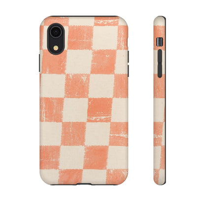 Peach Checkerboard Tough Phone Case — Retro Distressed Grid Design