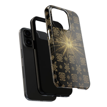 Glitter Burst Tough Phone Case — Black & Gold Floral Protective Cover