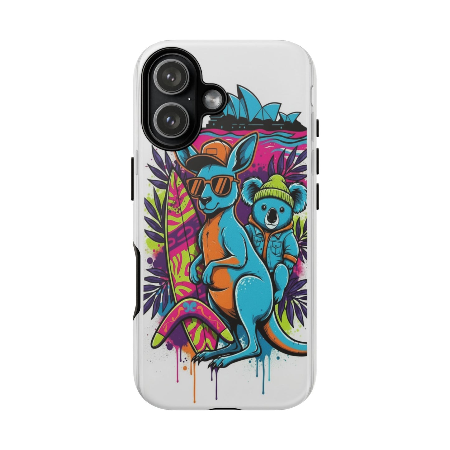 Kangaroo & Koala Surf Phone Case — Retro Neon Beach Art Tough Case