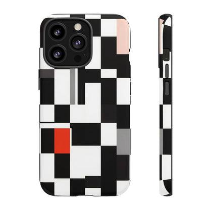 Abstract Geometric Phone Case – Black & White Checker Grid with Red Accent
