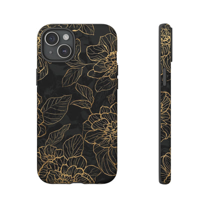 Floral Gold Outline Tough Phone Case – Black Botanical Protective Cover