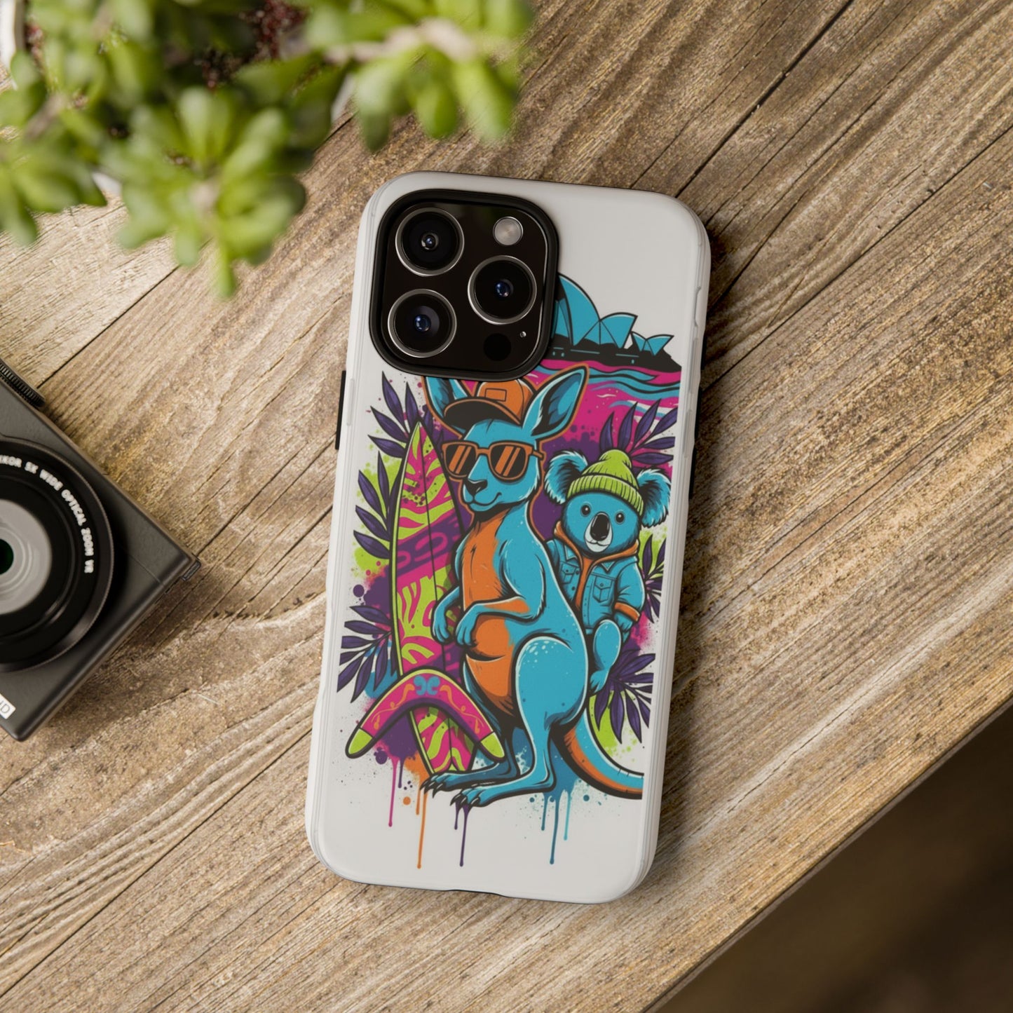 Kangaroo & Koala Surf Phone Case — Retro Neon Beach Art Tough Case
