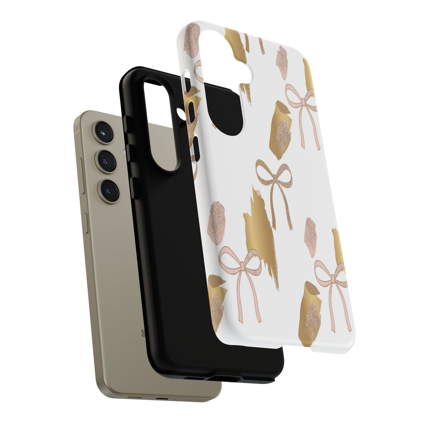 Phone Case — Gold Brushstroke & Blush Bow Pattern