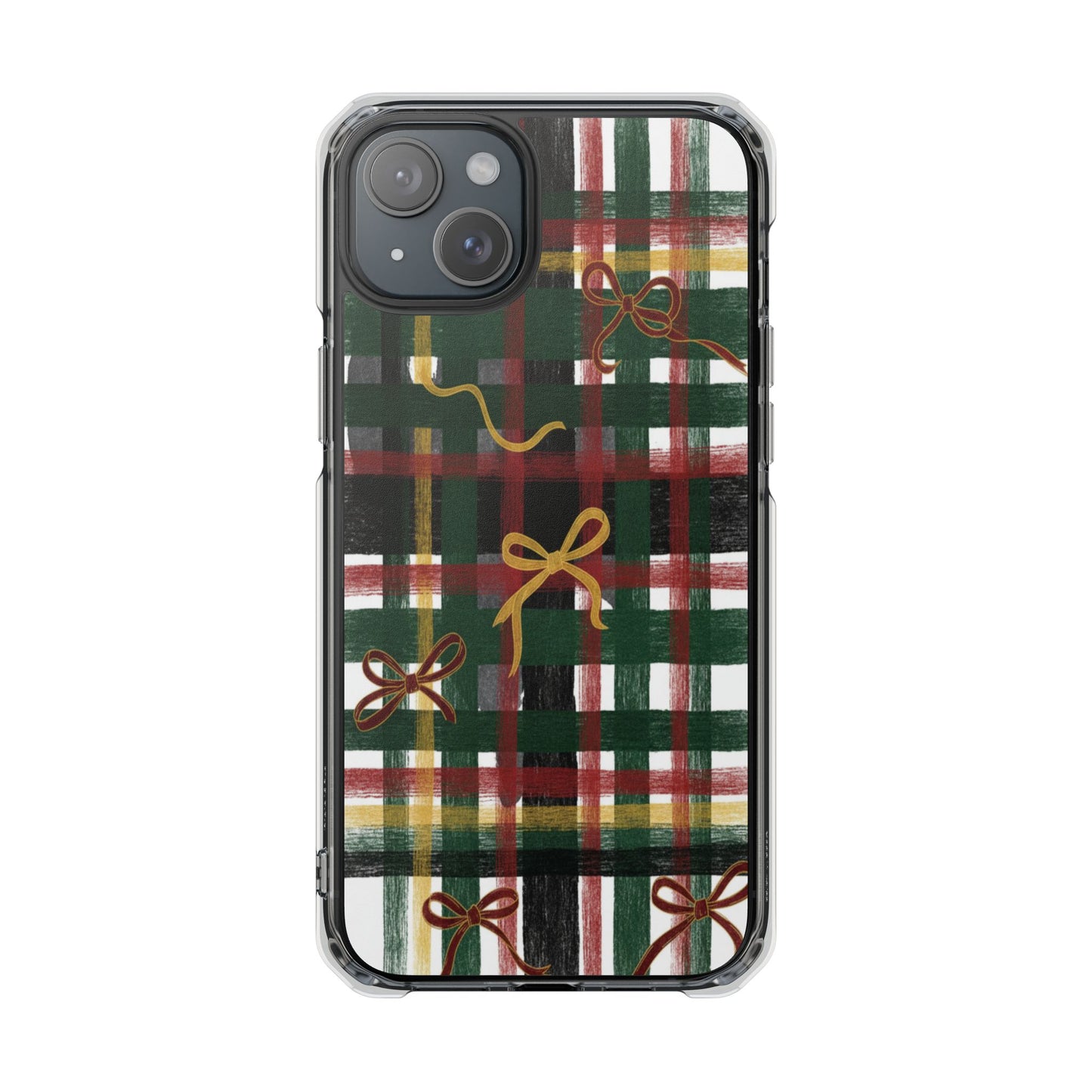 Phone Case - Festive Plaid with Gold Bows Clear Magnetic Impact Case