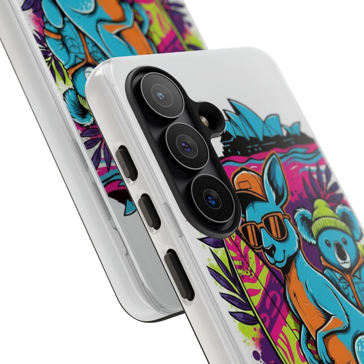 Kangaroo & Koala Surf Phone Case — Retro Neon Beach Art Tough Case