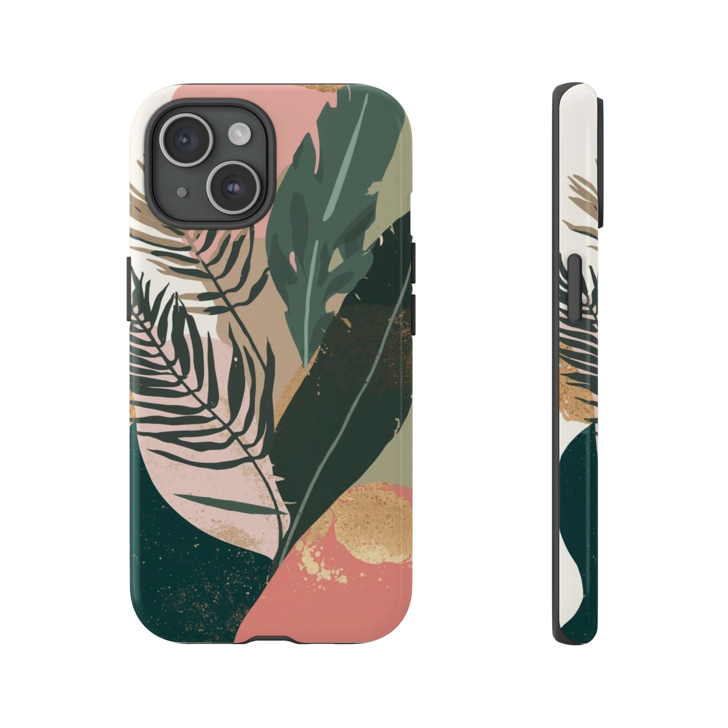 Tropical Leaf Tough Phone Case — Abstract Pink & Green Botanical Protective Cover