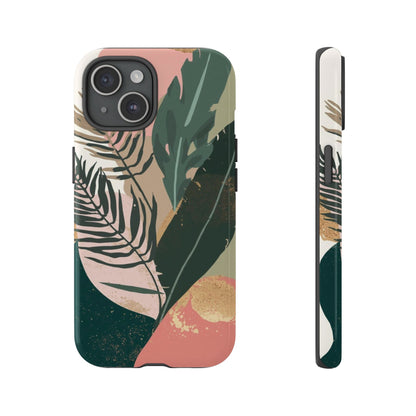 Tropical Leaf Tough Phone Case — Abstract Pink & Green Botanical Protective Cover
