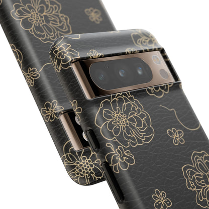 Floral Leather-Texture Tough Case – Black Gold Outline Phone Cover