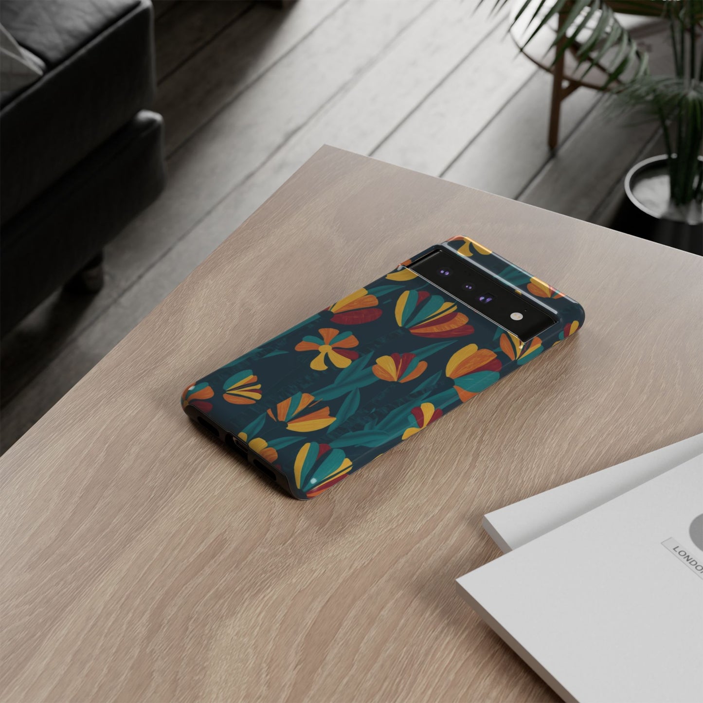 Floral Retro Teal Tough Phone Case — Vibrant Orange & Mustard Blooms