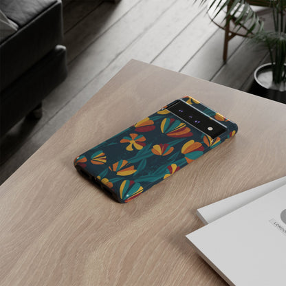 Floral Retro Teal Tough Phone Case — Vibrant Orange & Mustard Blooms