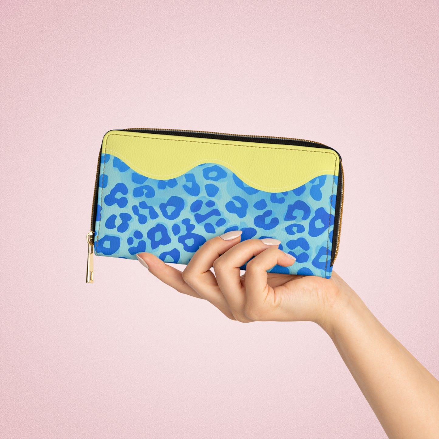 Blue Leopard Zip Wallet — Yellow Accent Animal Print Women's Wallet