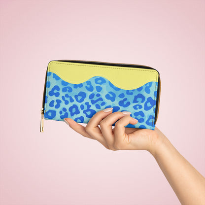 Blue Leopard Zip Wallet — Yellow Accent Animal Print Women's Wallet