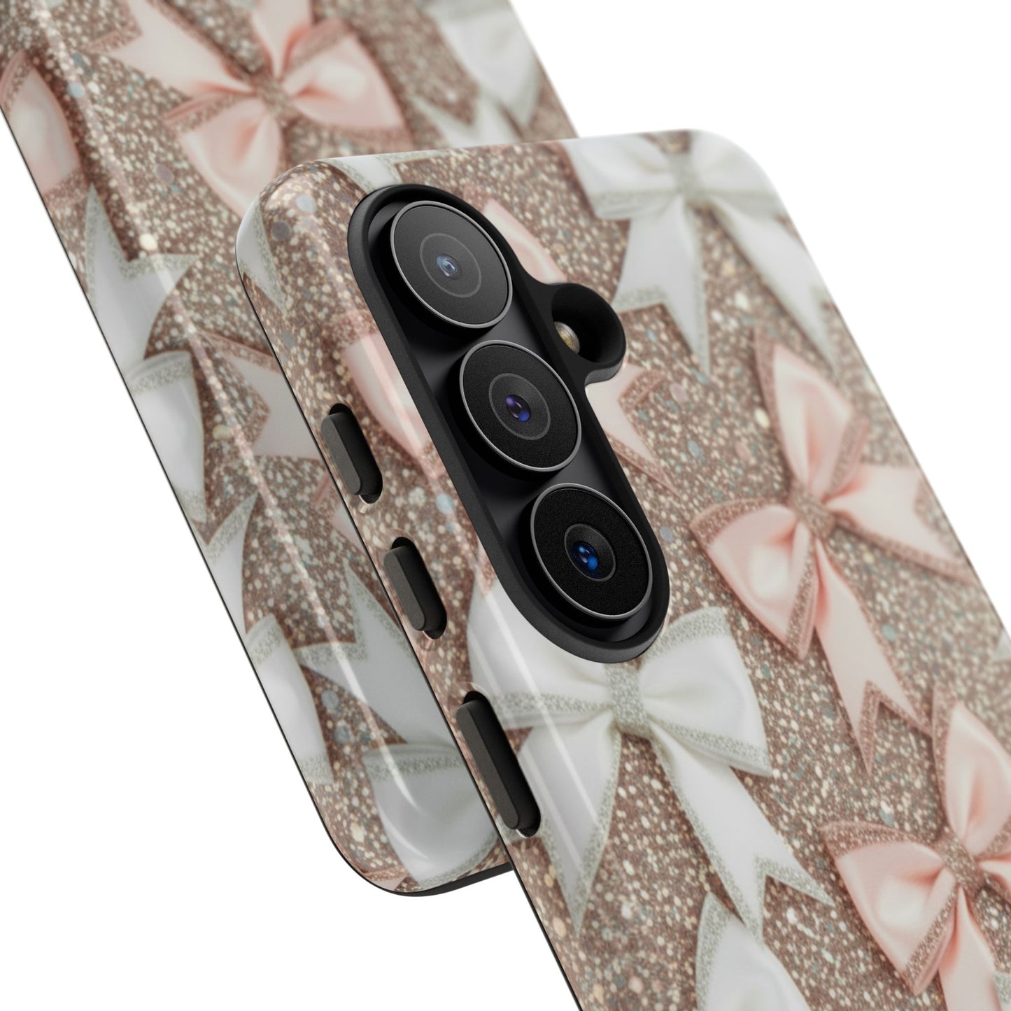 Glitter Bow Tough Phone Case — Pink & White Ribbon Protective Cover