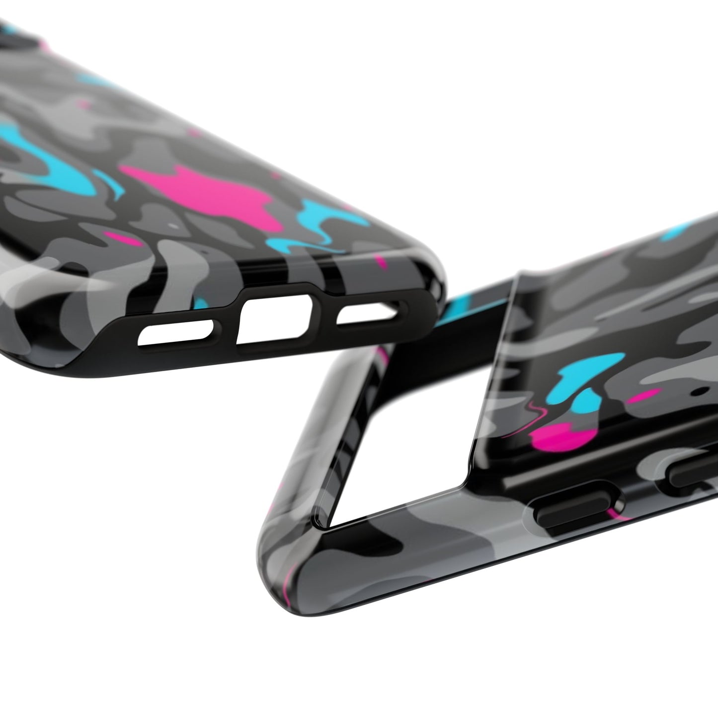 Camouflage Phone Case — Gray Camo with Neon Pink & Cyan Accent Tough Protective Cover
