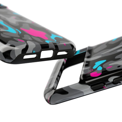 Camouflage Phone Case — Gray Camo with Neon Pink & Cyan Accent Tough Protective Cover