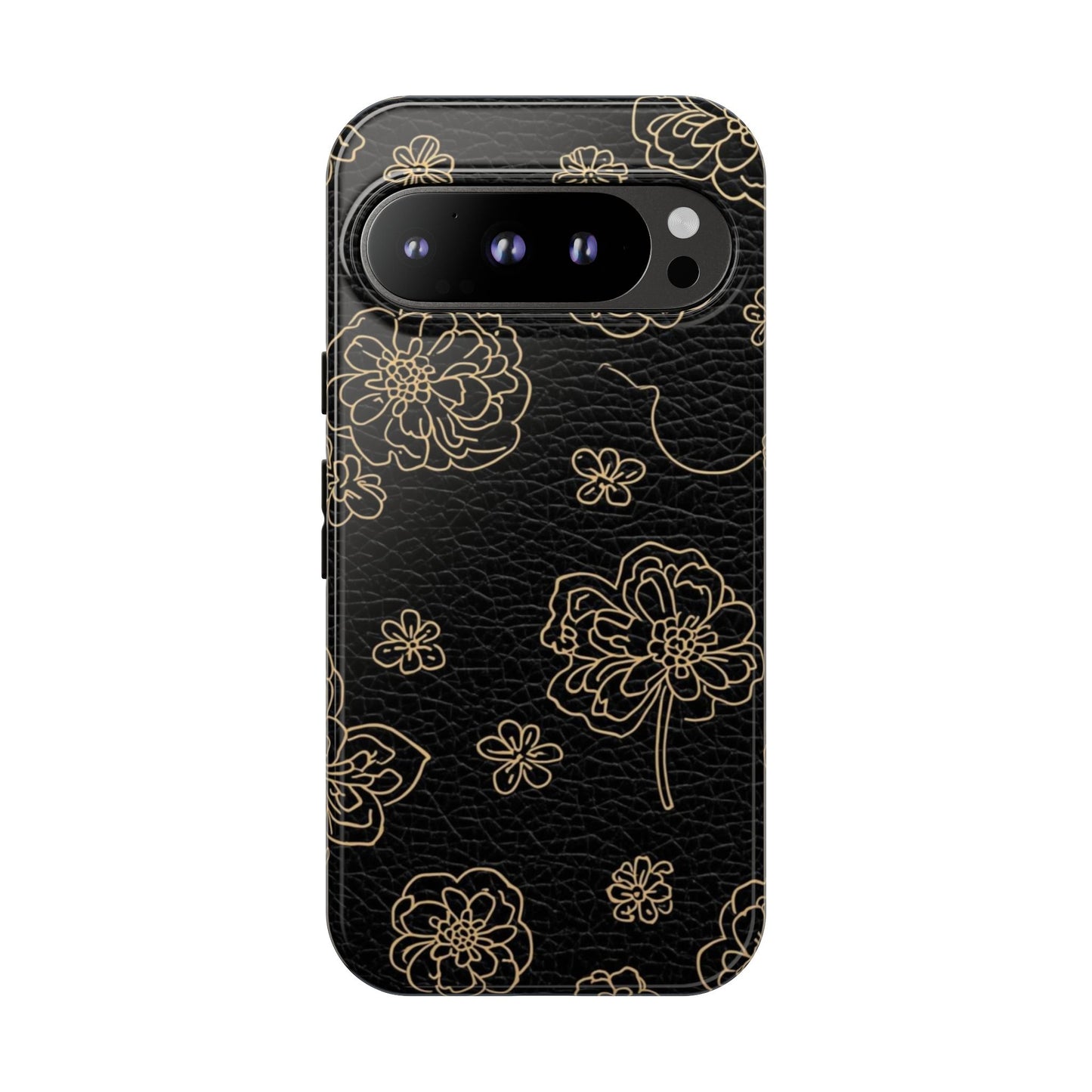 Floral Leather-Texture Tough Case – Black Gold Outline Phone Cover