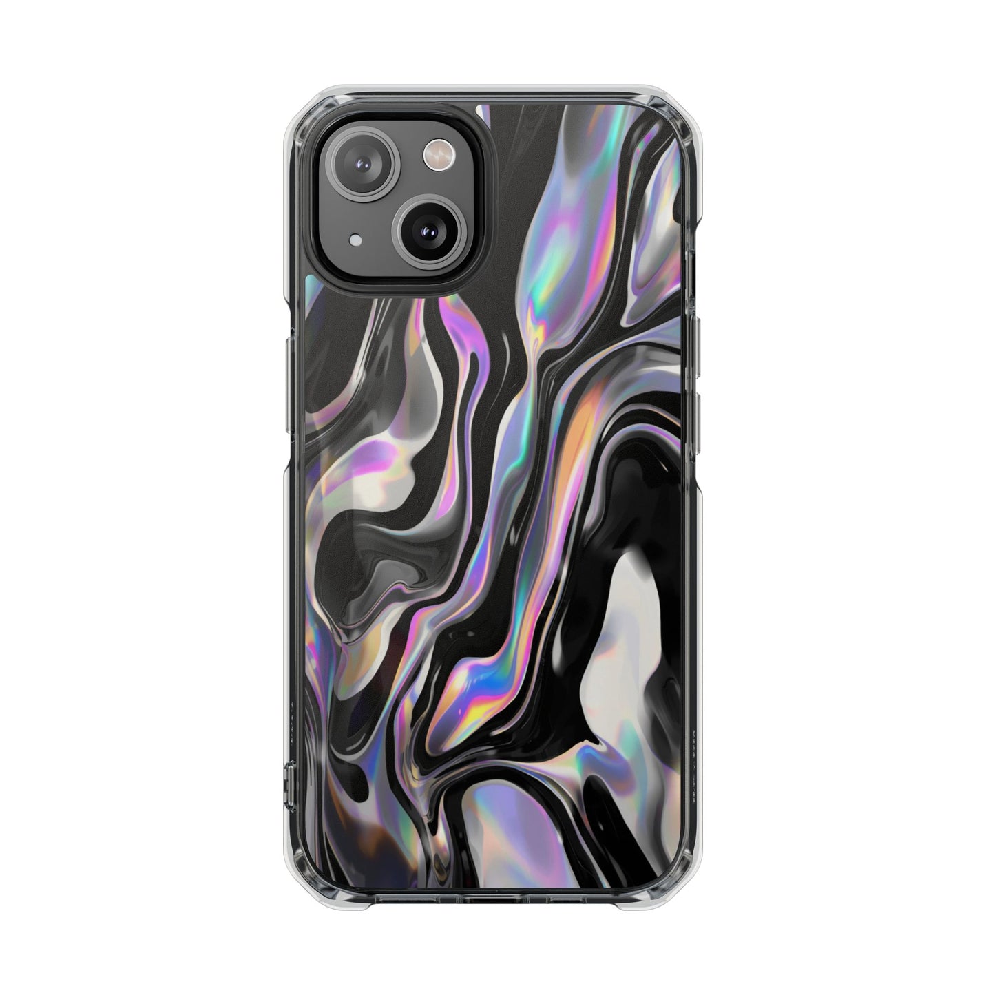 Magnetic Clear Impact Phone Case — Iridescent Black Marble Design