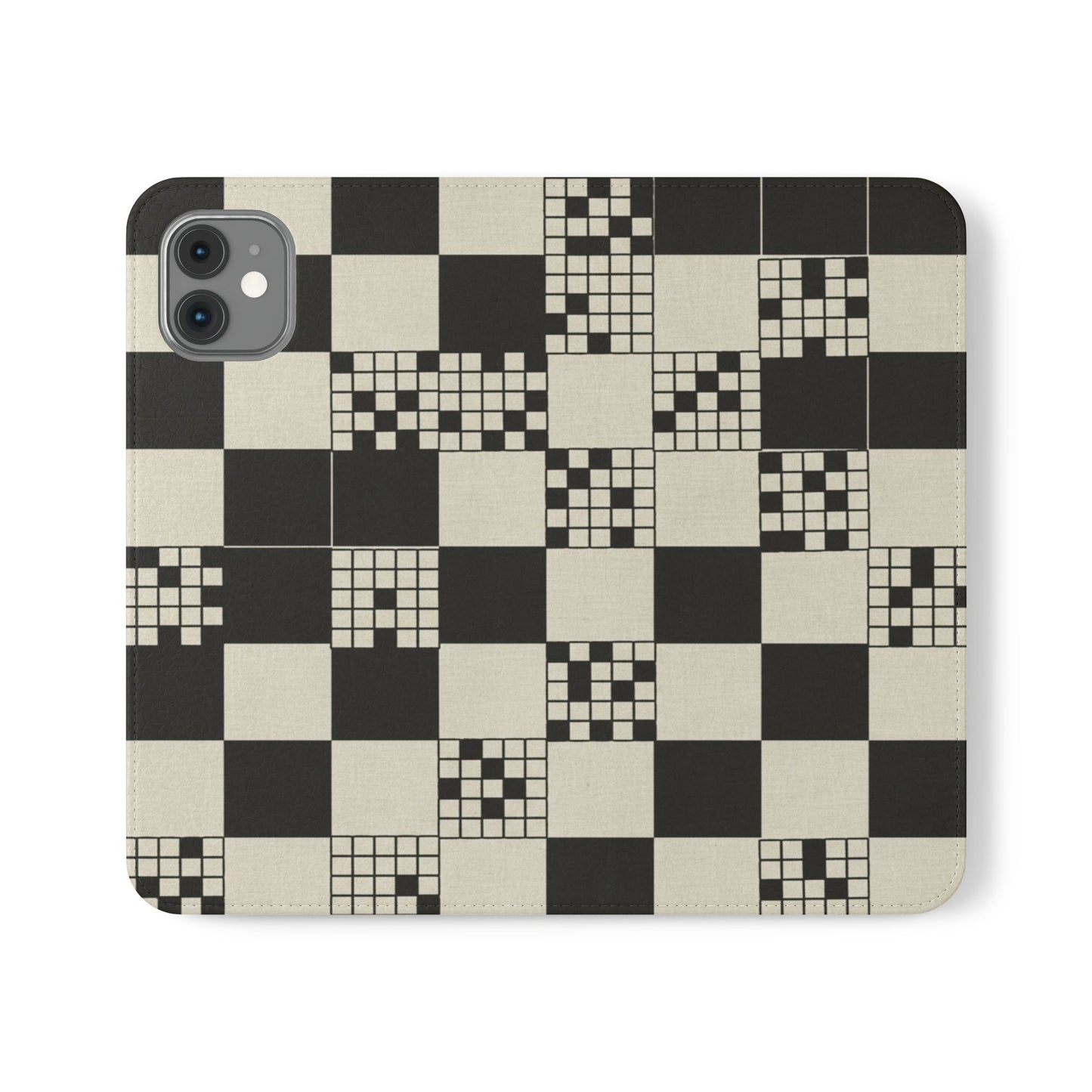 Checkerboard Flip Phone Case – Retro Black & Cream Geometric Wallet Case