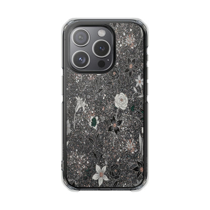 Clear Floral Glitter Magnetic Phone Case — Protective Impact Case with Rose & Daisy Design