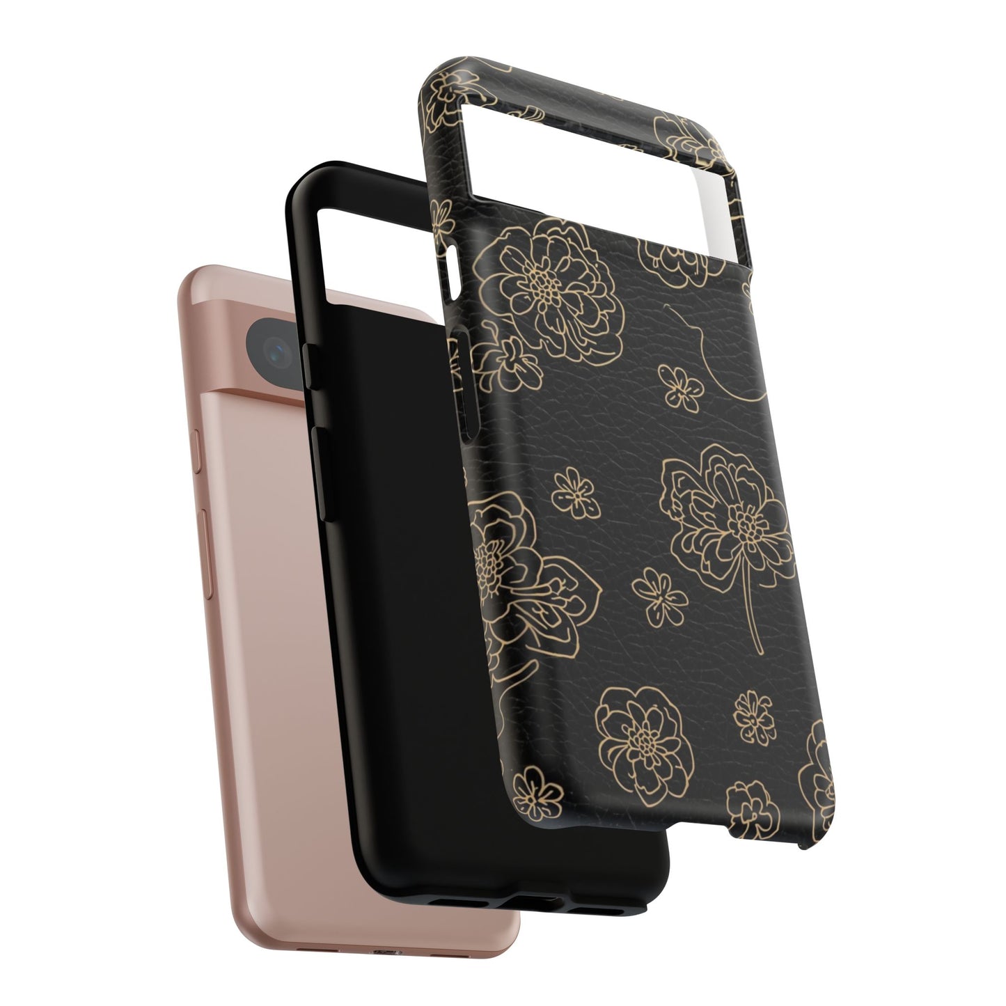 Floral Leather-Texture Tough Case – Black Gold Outline Phone Cover