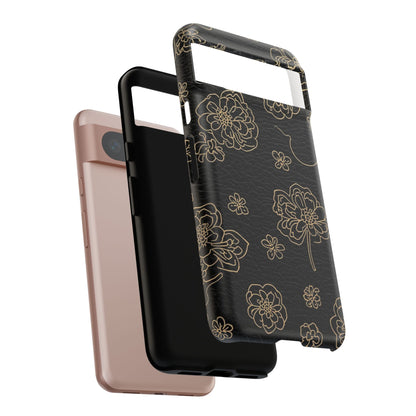 Floral Leather-Texture Tough Case – Black Gold Outline Phone Cover