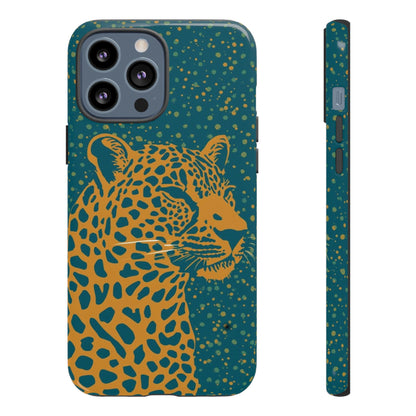 Leopard Print Tough Phone Case — Gold Panther on Teal, Protective iPhone Cover