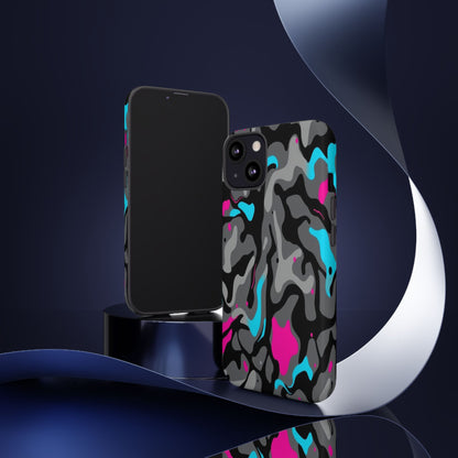 Camouflage Phone Case — Gray Camo with Neon Pink & Cyan Accent Tough Protective Cover