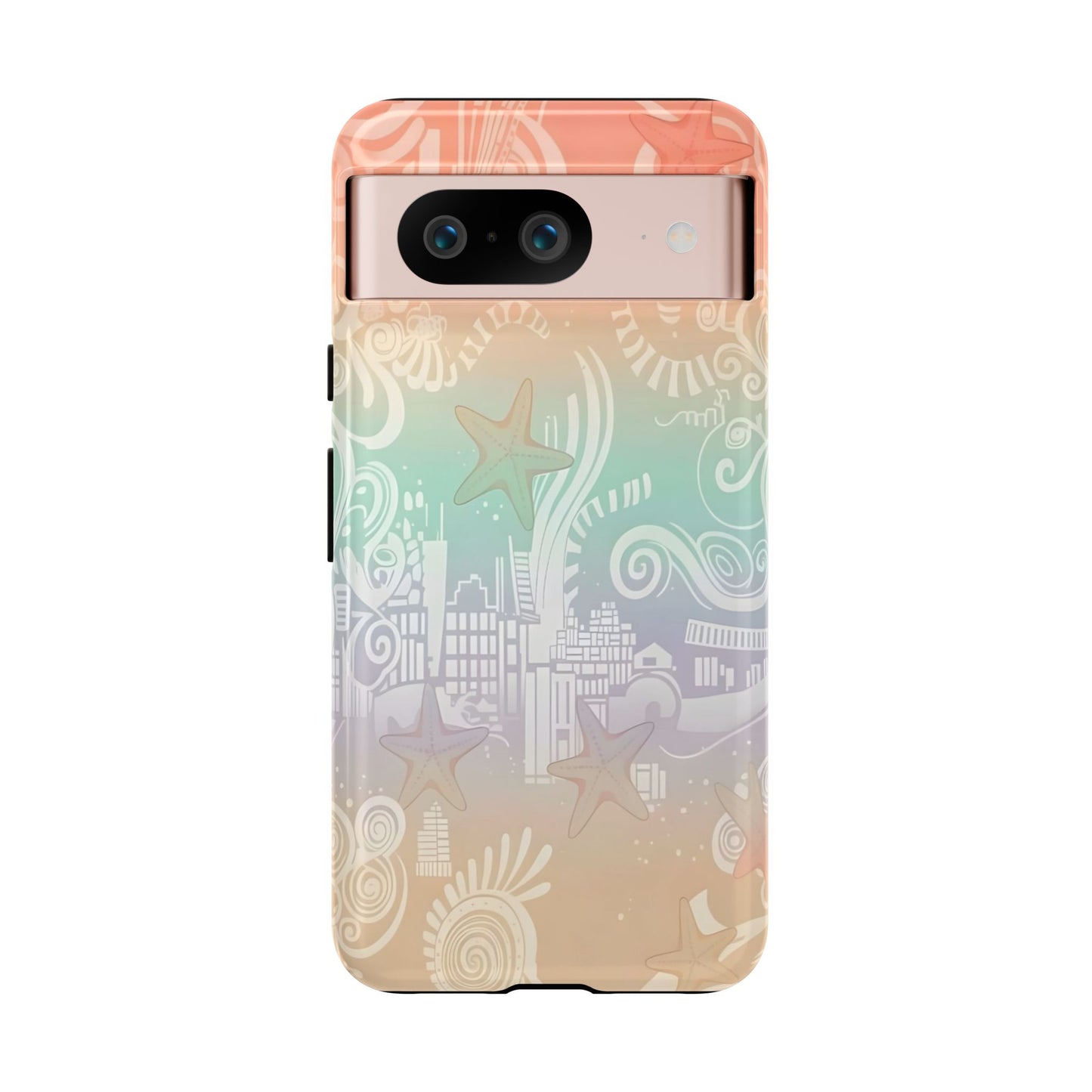 Tough Cases: Pastel Beach Pattern Phone Case — Starfish & Coastal Cityscape Protective Cover