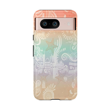Tough Cases: Pastel Beach Pattern Phone Case — Starfish & Coastal Cityscape Protective Cover