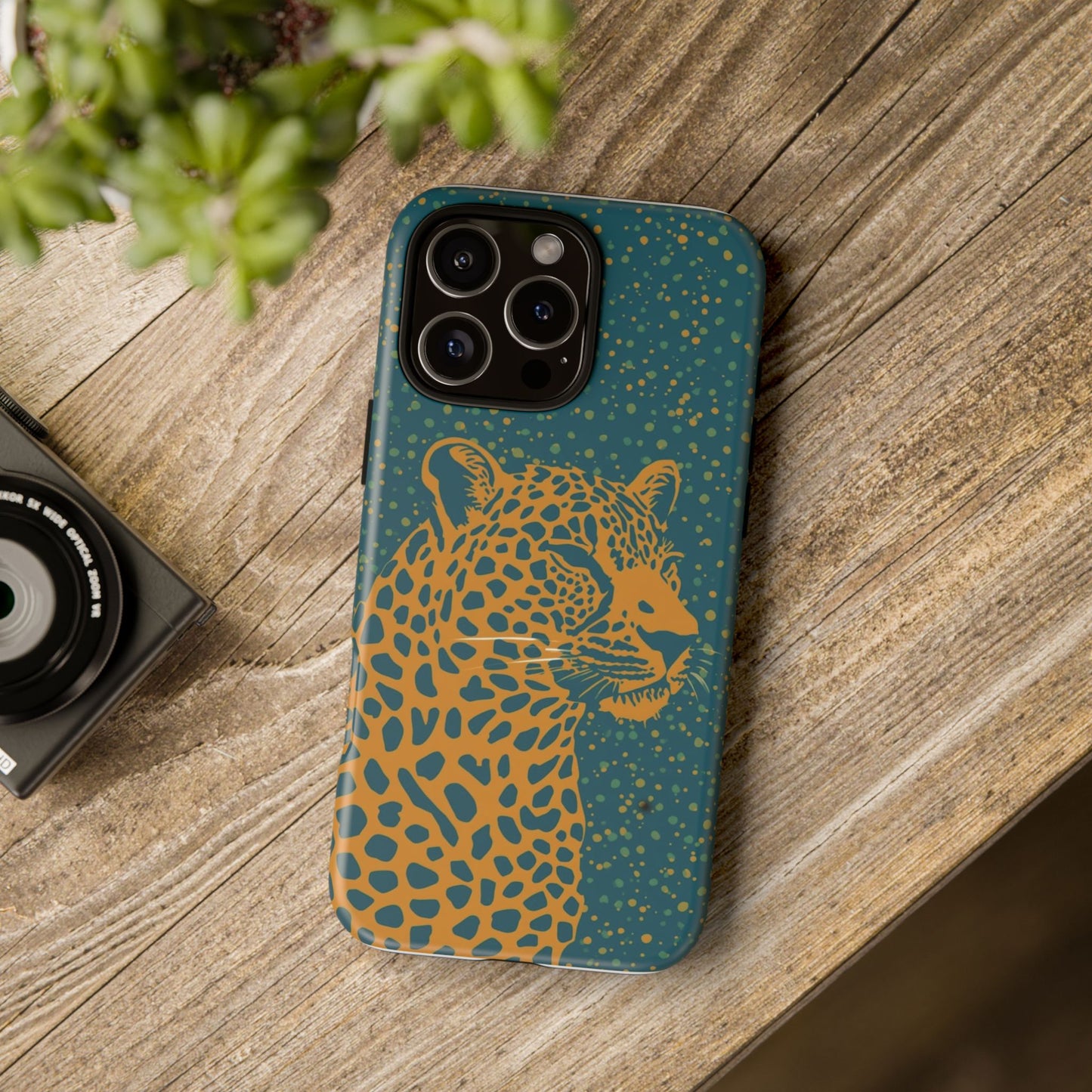 Leopard Spotlight Phone Case — Teal Gold Animal Print Protective Cover