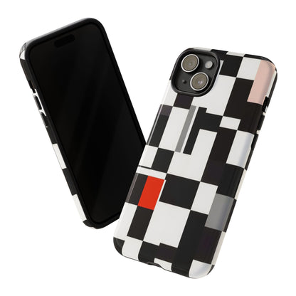 Abstract Geometric Phone Case – Black & White Checker Grid with Red Accent