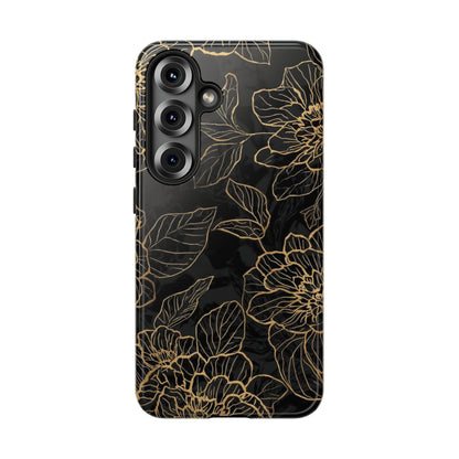 Floral Gold Outline Tough Phone Case – Black Botanical Protective Cover