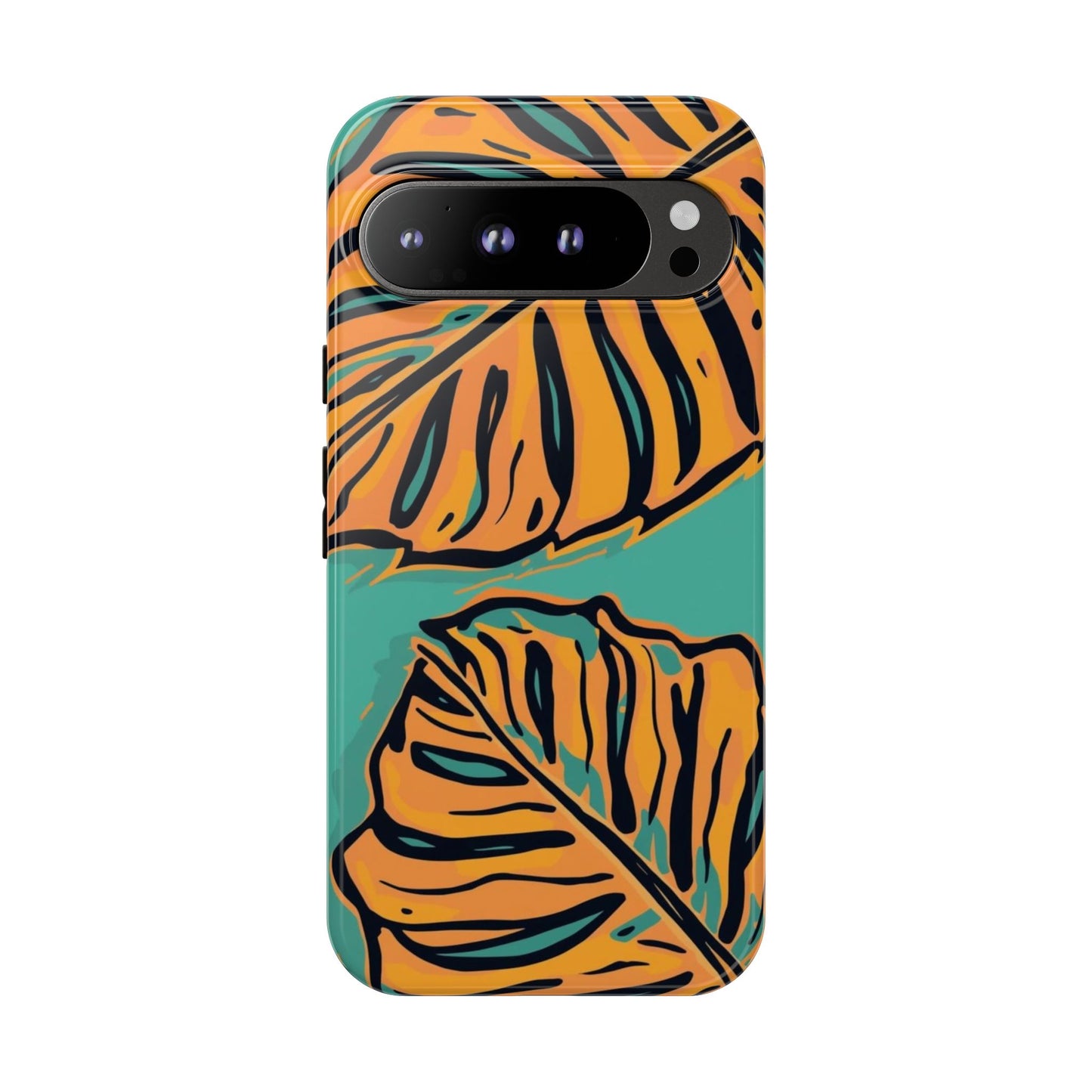 Tropical Leaf Tough Phone Case — Orange Monstera Design on Teal