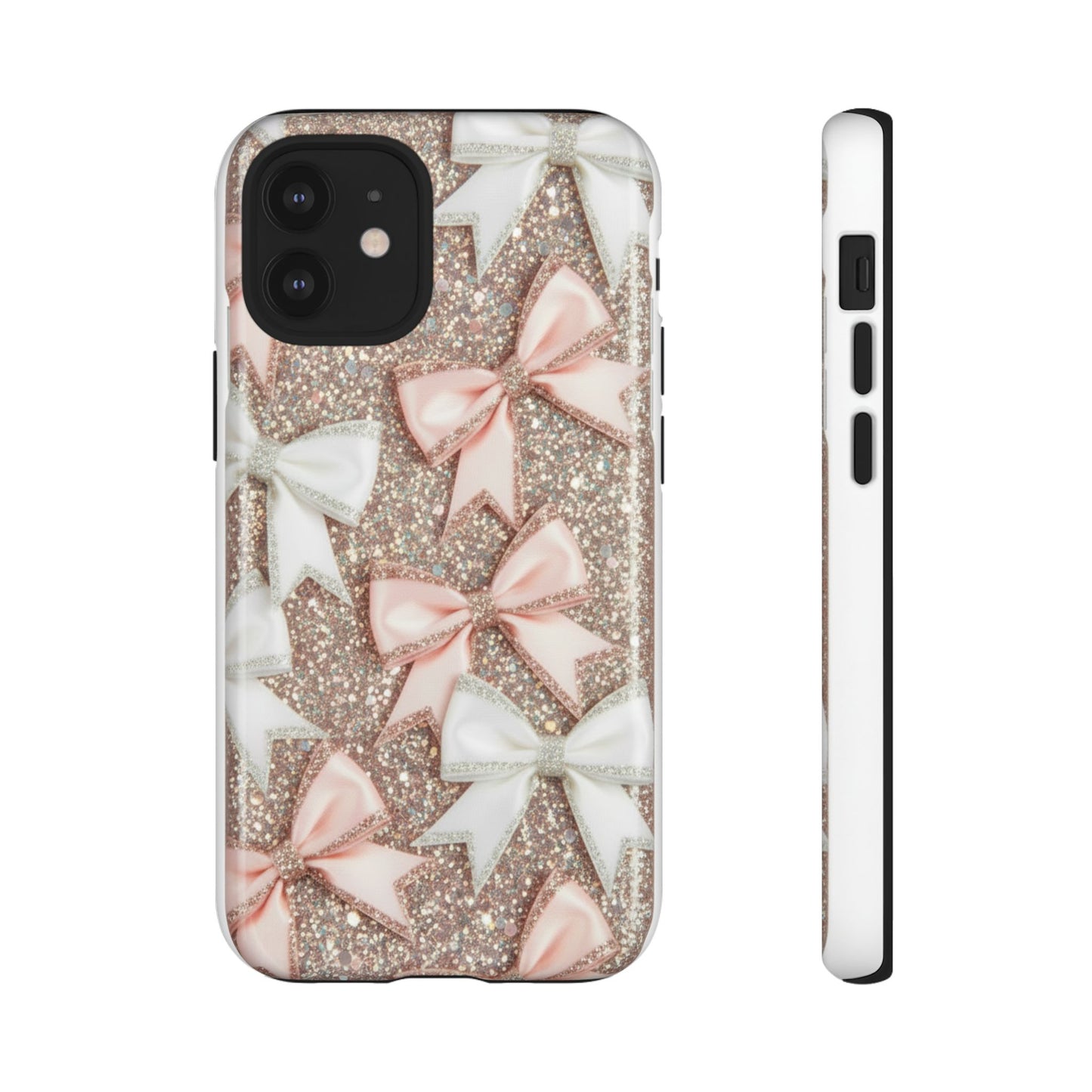 Glitter Bow Tough Phone Case — Pink & White Ribbon Protective Cover