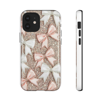 Glitter Bow Tough Phone Case — Pink & White Ribbon Protective Cover