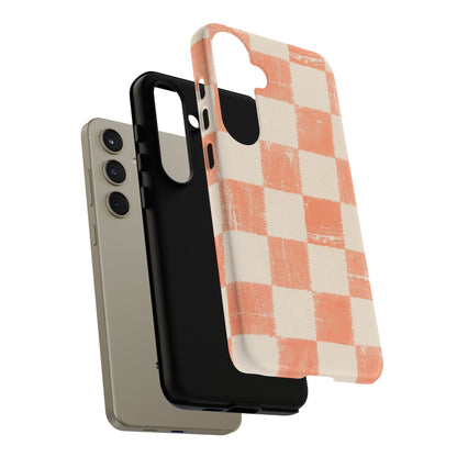 Peach Checkerboard Tough Phone Case — Retro Distressed Grid Design