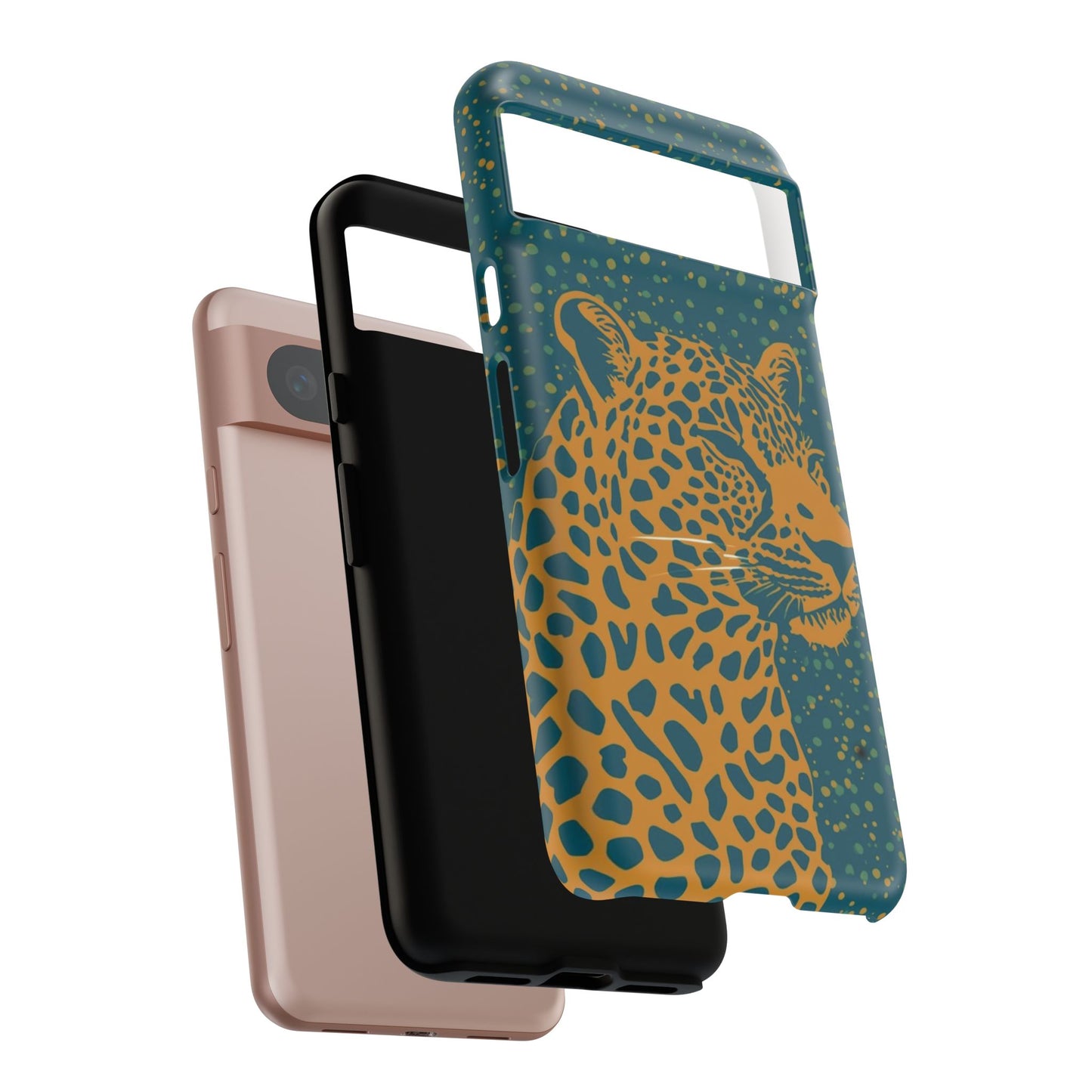 Leopard Print Tough Phone Case — Gold Panther on Teal, Protective iPhone Cover