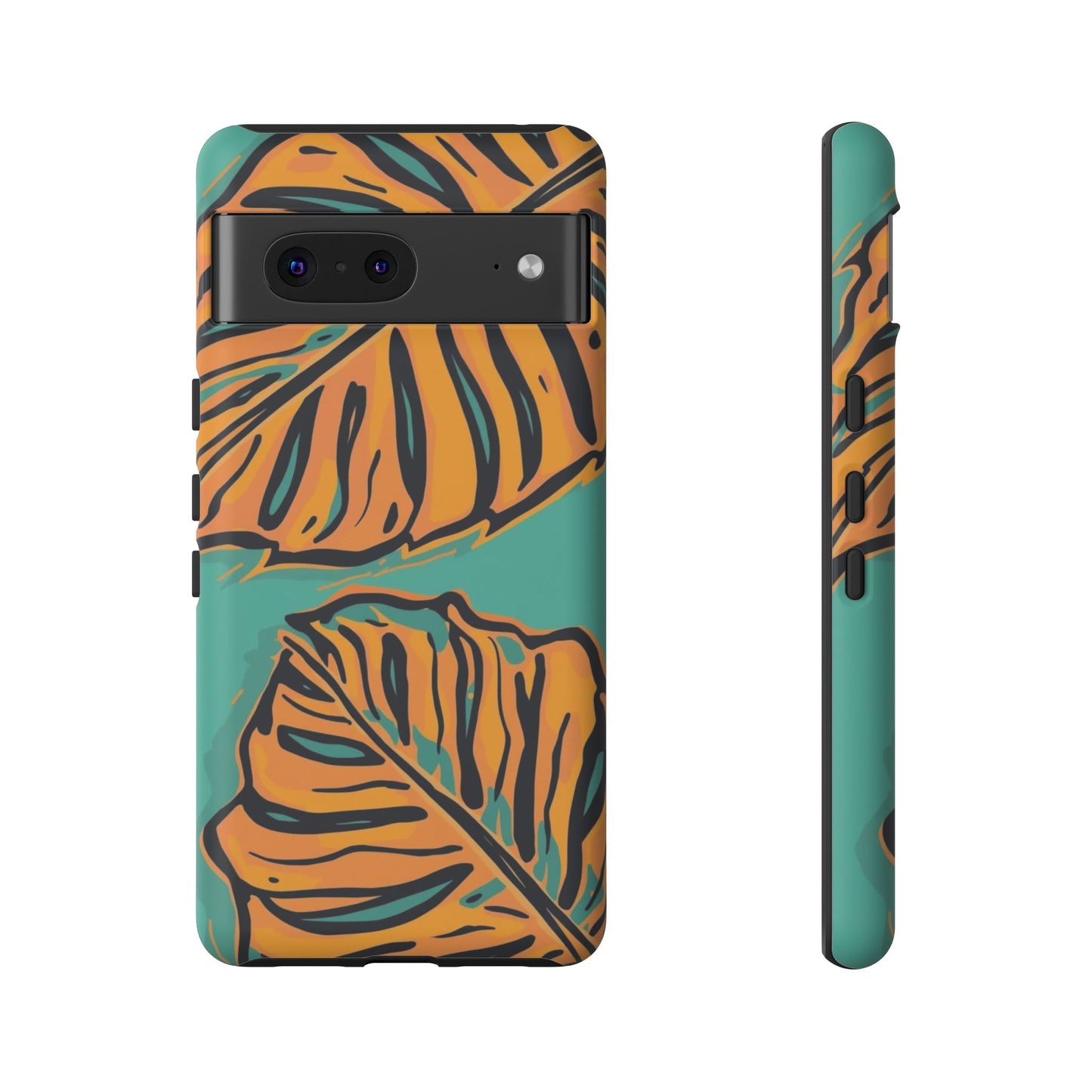 Tropical Leaf Tough Phone Case — Orange Monstera Design on Teal