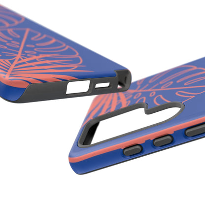 Tropical Monstera Phone Case — Blue & Coral Leaf Protective Cover