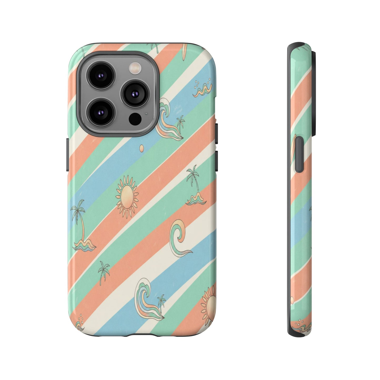Retro Beach Stripes Phone Case — Sun, Waves & Palm Pattern Tough Case