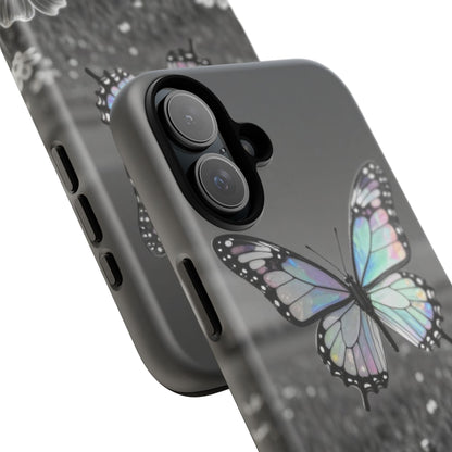 Butterfly Field Tough Phone Case — Pastel Holographic Butterfly on Black & White Floral Background