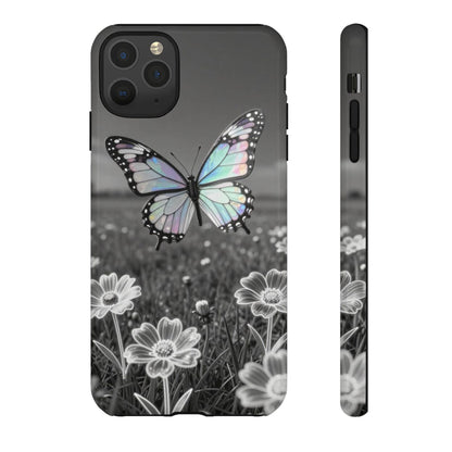 Butterfly Field Tough Phone Case — Pastel Holographic Butterfly on Black & White Floral Background