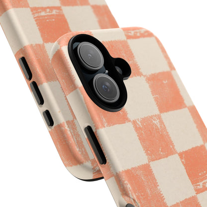 Peach Checkerboard Tough Phone Case — Retro Distressed Grid Design