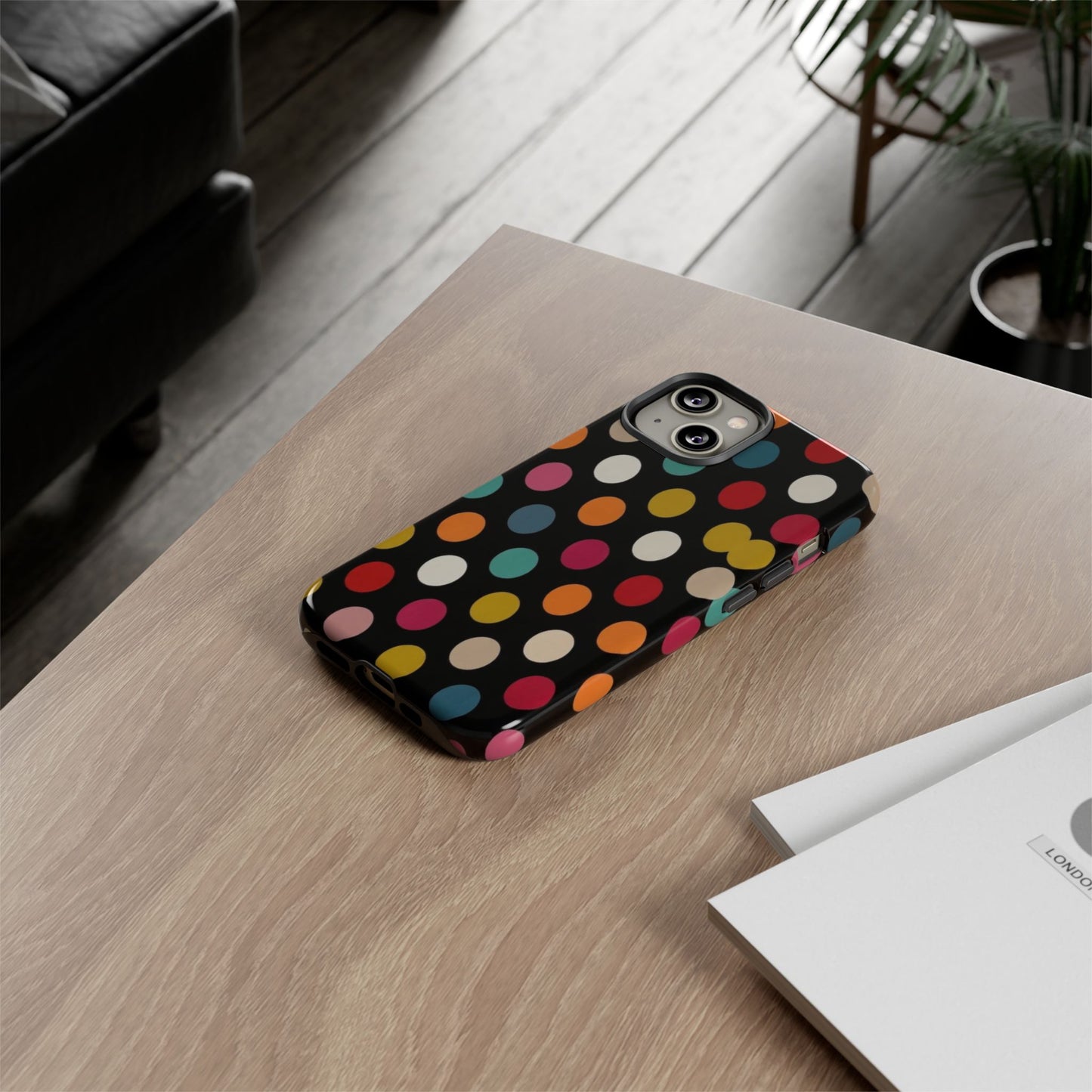 Polka Dot Tough Phone Case – Colorful Retro Dots on Black