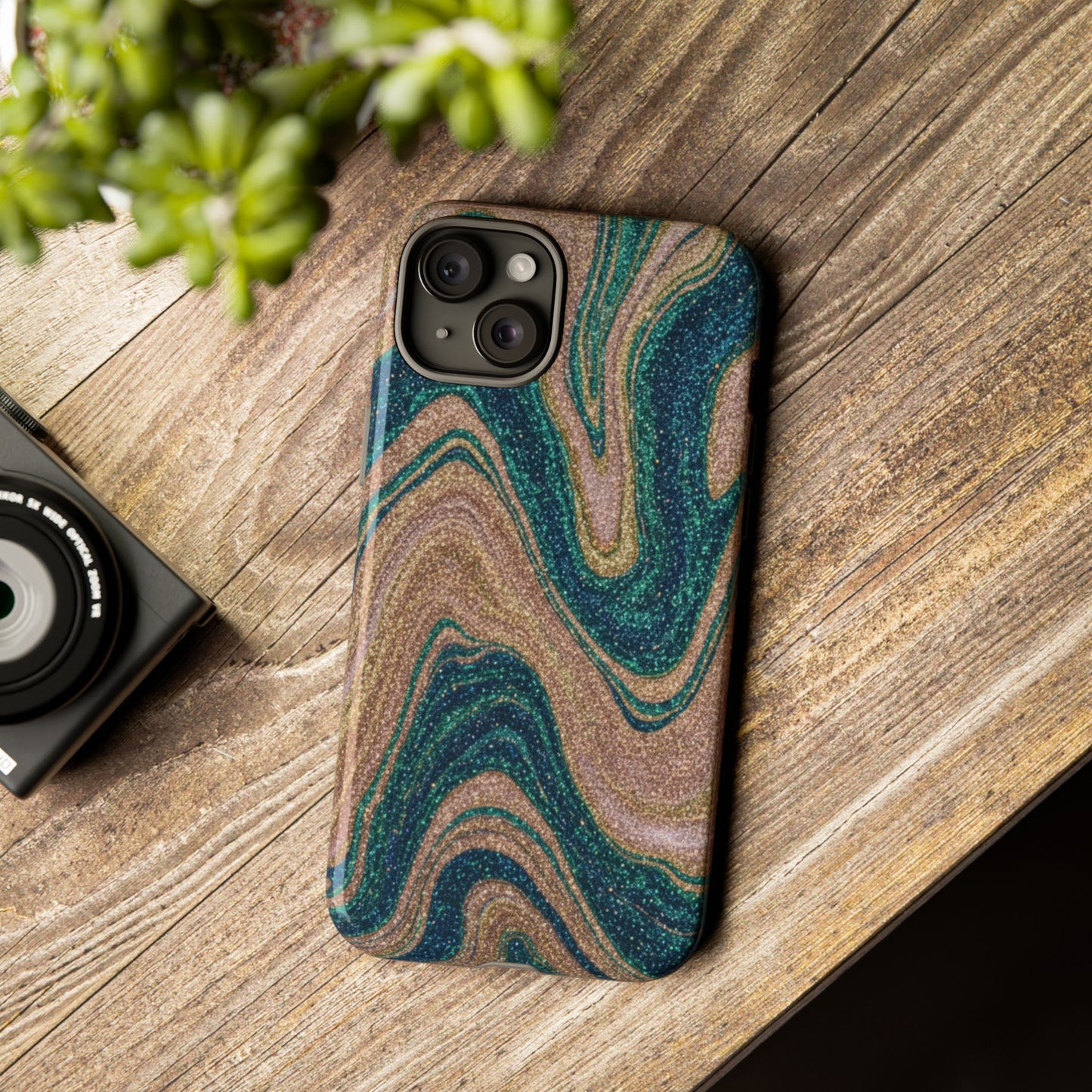 Marbled Teal & Gold Phone Case — Glitter Swirl Tough Case