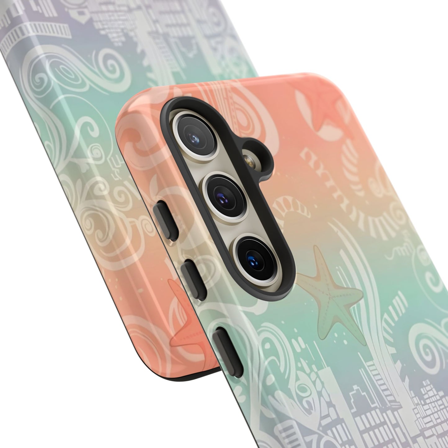Tough Cases: Pastel Beach Pattern Phone Case — Starfish & Coastal Cityscape Protective Cover