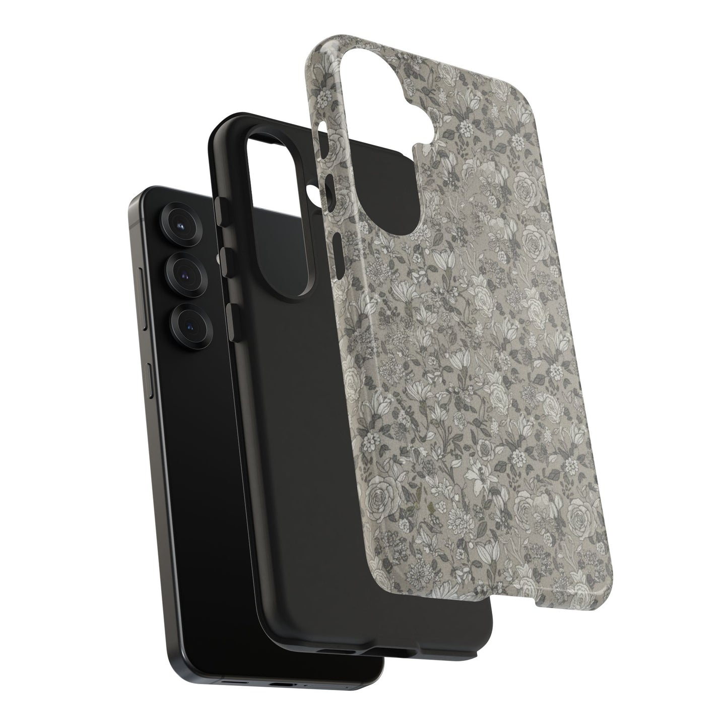 Gray Floral Tough Phone Case — Durable Protective Phone Cover with Vintage Botanical Pattern
