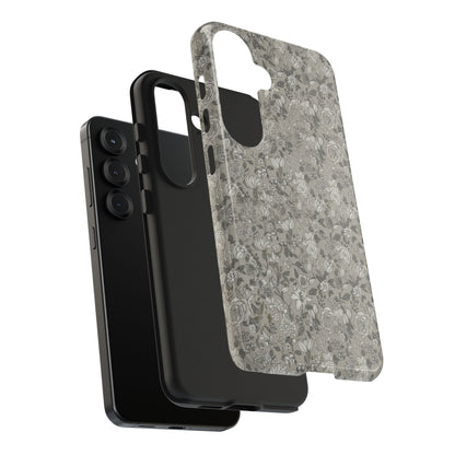 Gray Floral Tough Phone Case — Durable Protective Phone Cover with Vintage Botanical Pattern