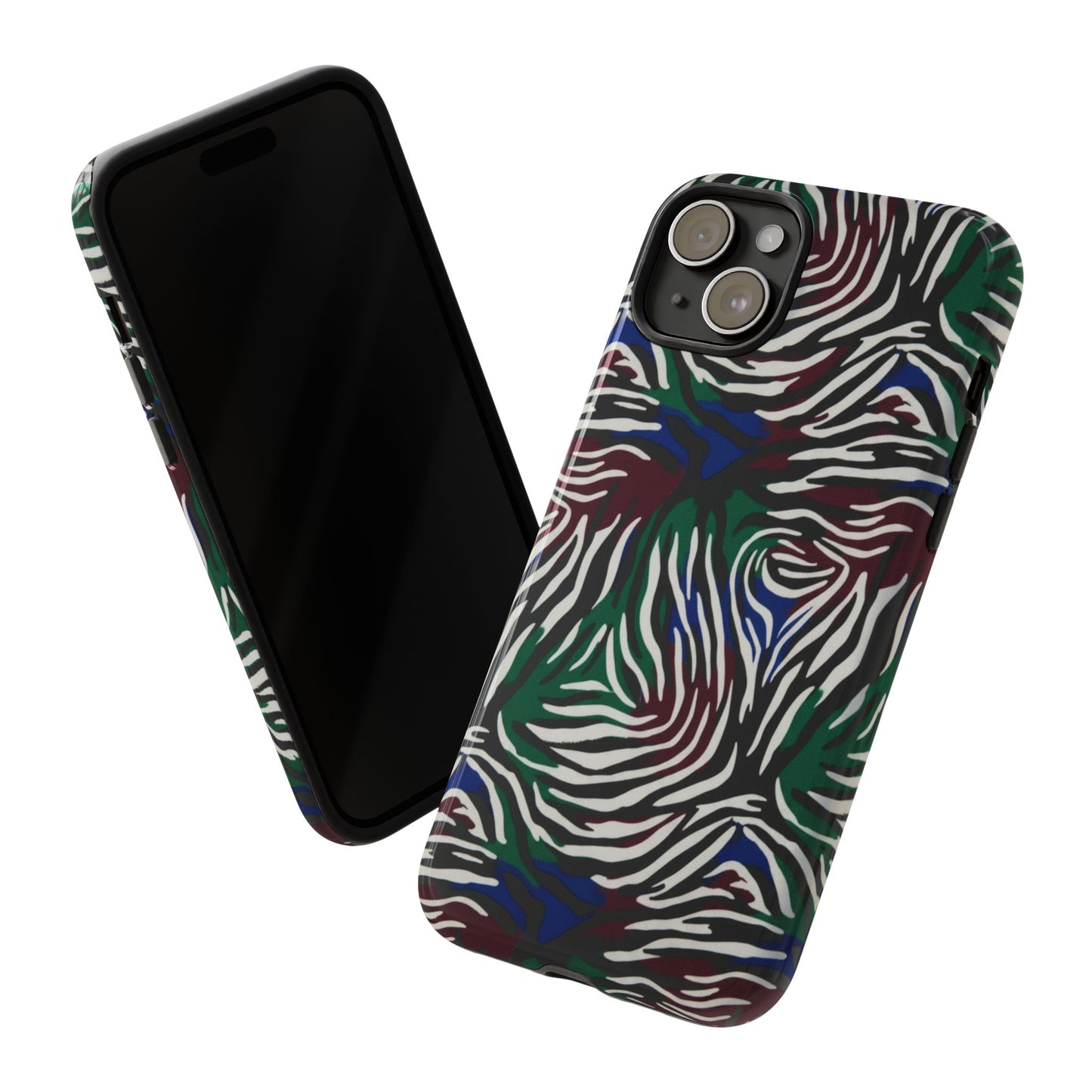 Zebra Camo Tough Phone Case – Green & Blue Animal Print Protective Cover